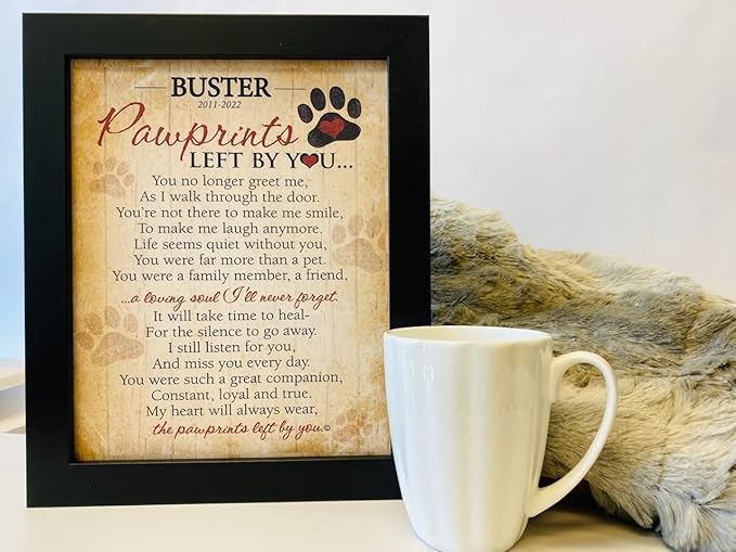 Pawprints Pet Memorial Frame with Pawprints Left by You Poem - Touching Dog Sympathy Gift for Pet Loss Remembrance (Personalized Poem Art Framed 8x10)