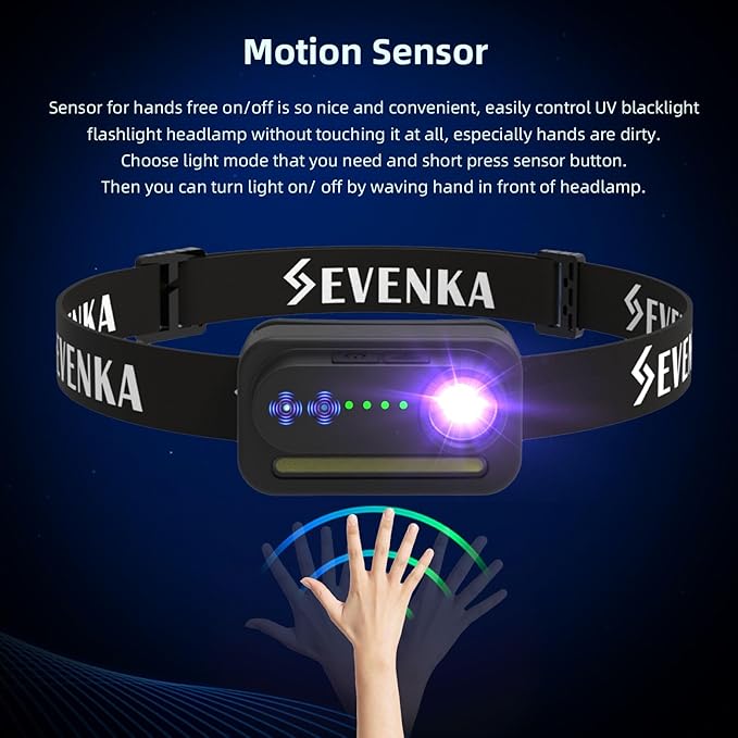 SEVENKA 2in1 UV Headlamp Flashlight Black Light & White Light, Rechargeable LED Hands Free Blacklight 395nm, Mini Ultraviolet Head Lamp, Pet Urine Detector for Dog/Cat Urine Stains, Bed Bug, Scorpion