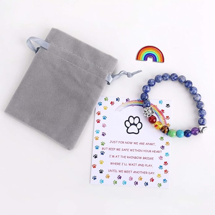 Pet Memorial Gifts, Rainbow Bridge Bracelet for Beloved Dog Cat, 8MM Mixed Color Bead 7 Chakra Memorial Bracelet for Women Men Who Lost Pets, Pet Sympathy Gift