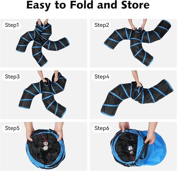 Joytale 5-Way Cat Tunnels for Indoor Cats, Pet Tube Toy with Bell Ball and Toy Mouse, S-Shape Collapsible Tunnel with Interactive Hole for Kitty, Kitten, Rabbit, Puppy (Blue&Black)