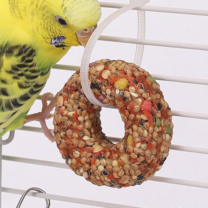 Parakeet Toys - Grain Treats, Donut Shape Teether | Enrichment Activity Training Chewing Snack with Aviary Accessories for Budgies, Cockatiels, Lovebirds and Other Small Birds Healthy Foraging Play