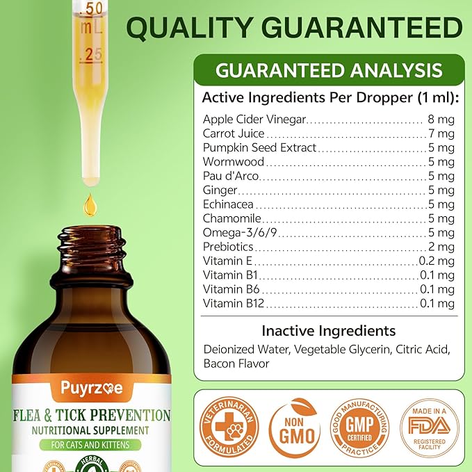 Flea and Tick Prevention for Cats, Natural Oral Cat Flea Treatment Drops with Pumpkin Seed, Echinacea & Omega-3/6/9- Support Immunity, Healthy Skin & Coat, Digestion & Overall Wellness, 60 ML
