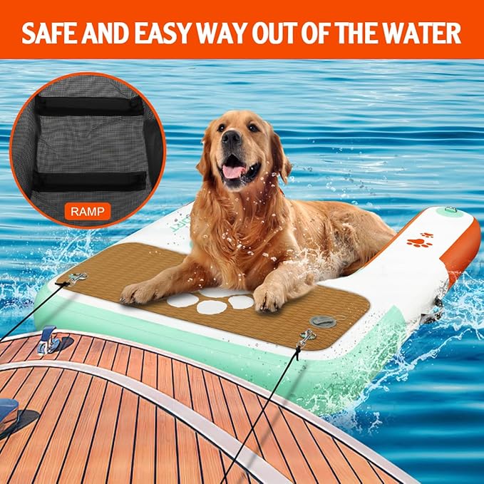FBSPORT Inflatable Dog Boat Ramp Floating Dock Water Ladder for Pool, Boat, Non-Slip EVA Floating Ladder Pool Ramp for Dog Up to 220 LBs, Safe & Easy Access