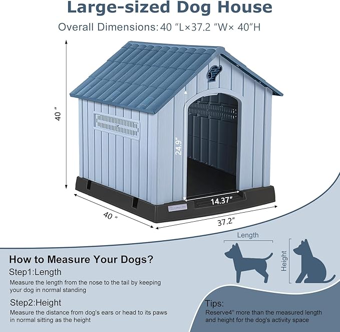 LEMBERI Large Plastic Dog House for Medium Large Dogs, Durable Waterproof Indoor Outdoor Doghouse with Air Vents and Elevated Floor, Easy to Assemble (Light Blue, 40.7" L x 37.2" W x 40" H)