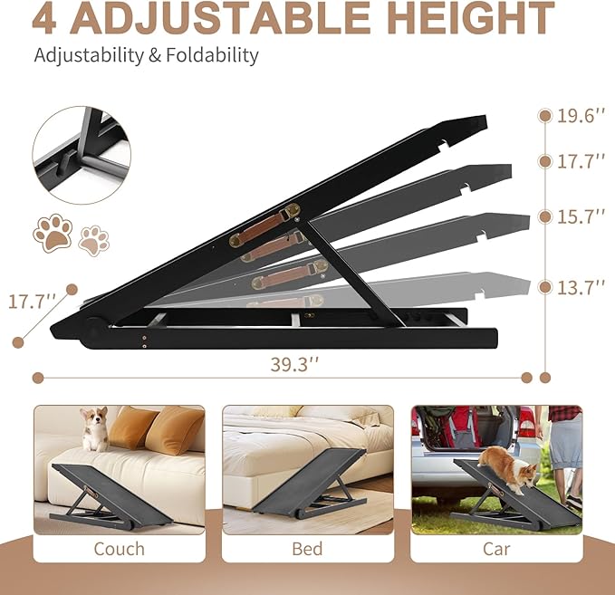 SLSY Dog Ramp for Bed, Couch & Car, Foldable Pet Ramp for Small Dogs and Cats, 4 Adjustable Heights 13.7''–19.6", Portable Stable Wooden Pet Steps with Non-Slip Pad for Sofa or Stairs