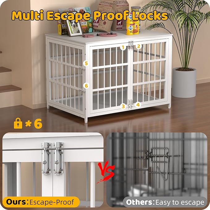 Heavy Duty Dog Crate Furniture – Indestructible Furniture Style Dog Kennel with Wooden Table Top, Escape-Proof Crate for High Anxiety Dogs, Decorative Indoor Pet House with Double Doors & Secure Locks