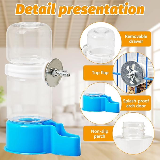 BNOSDM Automatic Bird Water Dispenser 2 Pcs No Mess Parrot Cage Water Feeder Drinker Suspended Bird Drinking Device Parakeet Cage Accessories for Budgies, Cockatiel, Conure, Canary, Finch (Blue)