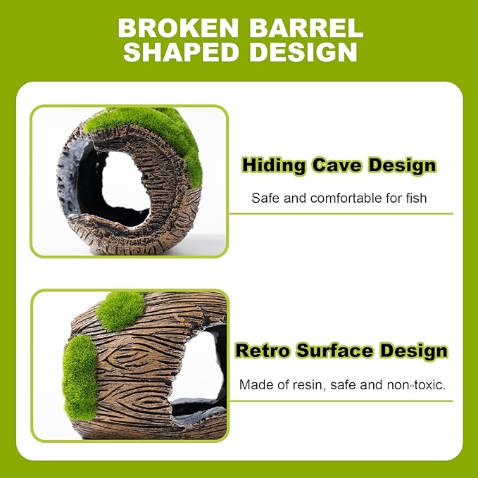 Betta Broken Barrel Decor Fish Tank Accessories, Resin Fish Hide Cave Aquarium Decoration Fish Tank Toys Hole Accessories (Small)