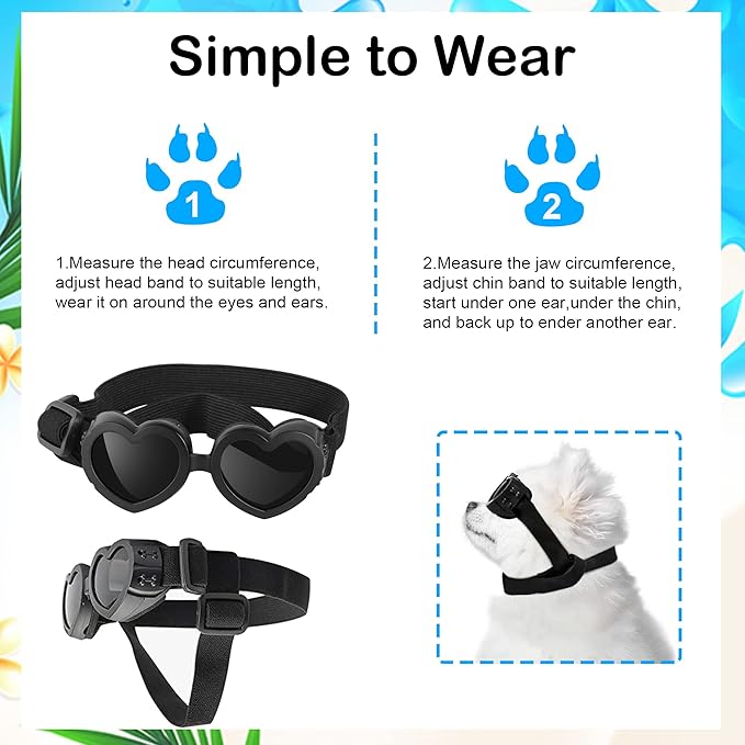 Small Breed Dog Sunglasses, UV Protection with Adjustable Strap, Heart-Shaped Goggles for Waterproof, Windproof, Anti-Fog Eye Protection, Beach Accessories (Black)