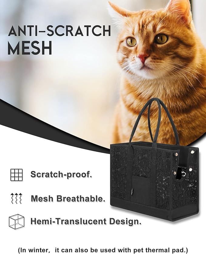 Black Dog Carrier Purse Lace Pet Dog Cat Carrier Tote Bags Fits Small Medium Dogs Puppy for Travel Hiking Walking with Lace Anti-Grab Net & PP Pad