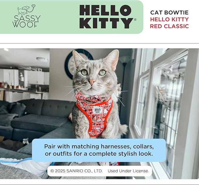 Sassy Woof Hello Kitty® Red Bowtie for Cats – Velcro Straps, Durable, Comfortable, Patented Design, Stylish Pet Accessory