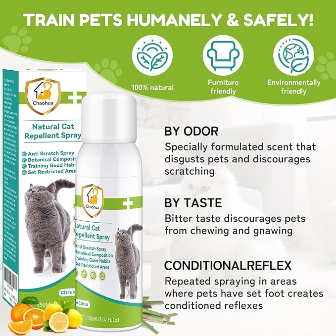 Cat Deterrent Spray, Natural Cat Repellent for Indoor & Outdoor Use, Safe Anti-Scratch Furniture Protector, Effective Cat Training Aid Spray for Sofa, Carpet & Door 150ml