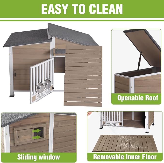 GUTINNEEN Large Outdoor Insulated Dog House Weatherproof Dog Kennel Dog Shelter with Chew-Proof Full Metal Frame, 360° Rotatable Spill-Proof Bowl, Openable Roof for Large Dog Breeds, 39.7" L