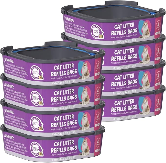 Cat Litter Refill Bags Cartridge, Compatible with Litter Cat Genie Standard, Plus, XL, XL+ Pail Refills, 7-Layer Odor Control Pet Waste Bags 8 Pack