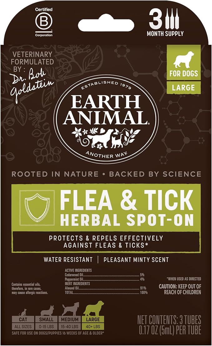 Earth Animal Apothecary Natural Flea & Tick - Herbal Spot-On for Large Dogs - 3 Applications (3 Month Supply)