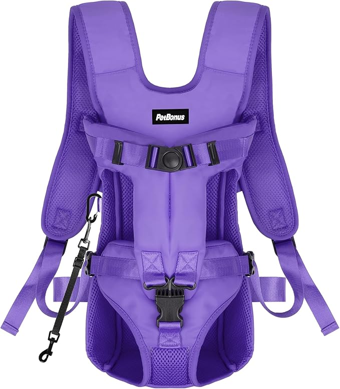PetBonus Pet Front Dog Carrier Backpacks, Adjustable Pet Backpack, Legs Out Easy-fit Puppy Chest Carrier for Medium Small Dogs, Hands Free for Hiking, Cycling (Purple, M)