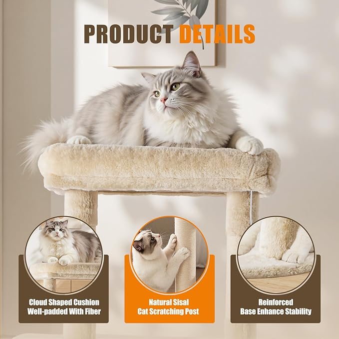 Sweetcrispy 63 inch Cat Tree Tower, Large Multi Level Cat Climbing Tower with Condo, Natural Sisal Scratching Posts, Extended Platform, Hammock, Pet House for Indoor Cats and Kittens Play, Beige