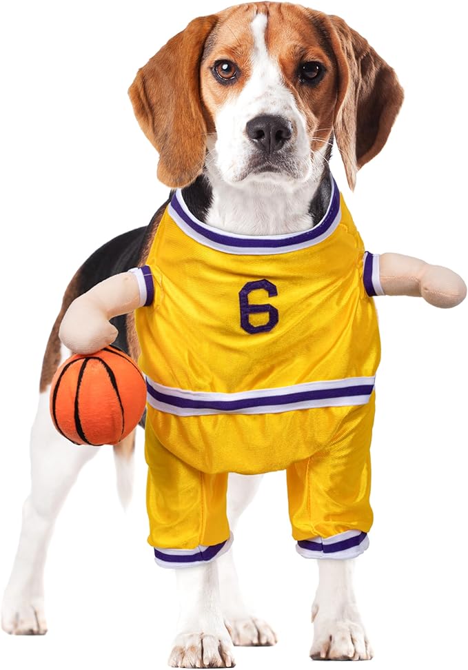 DELIFUR Dog Basketball Player Costume - Pet Halloween Costume Adjustable Funny Dress Up Sports Outfit Cosplay Clothes for Small Medium Dog (Yellow Basketball, Large)
