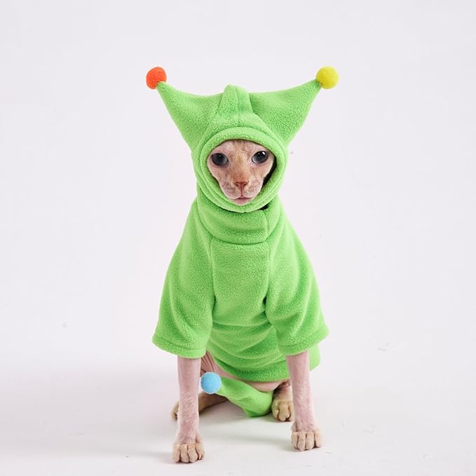 Sphynx Cat Clothes, Warm Cat Jumpsuit with Hat and Tail Cover, Full Set for Hairless Cats, Cornish Rex and Devon Rex (Green, M(4.5-5.5lbs))