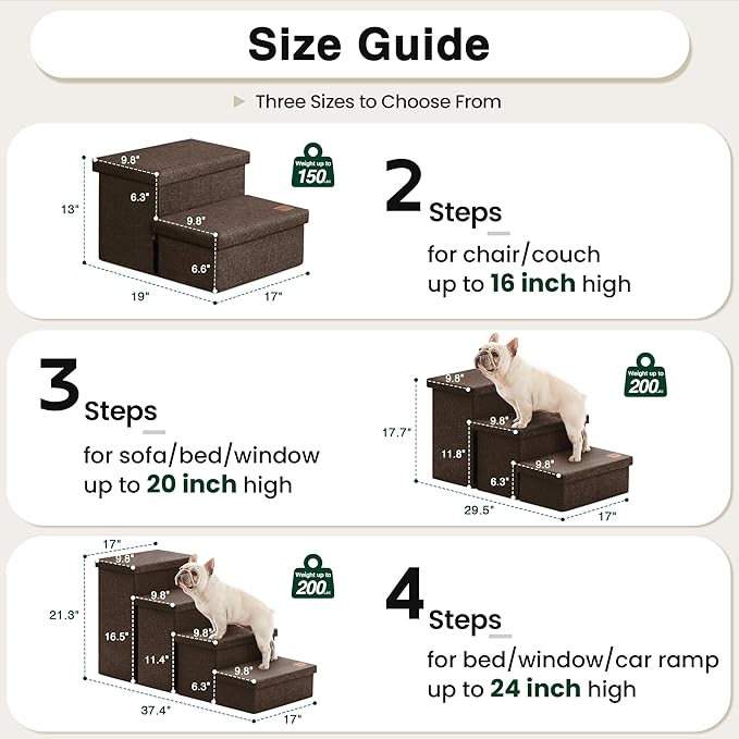 Love's cabin Dog Stairs for Small Medium or Large Dogs with Storage and Adjustable Steps, Foldable Dog Steps for Bed or Couch, 4-Step Coffee Folding Cat Pet Ramp with Zip up to 200 lbs, Coffee