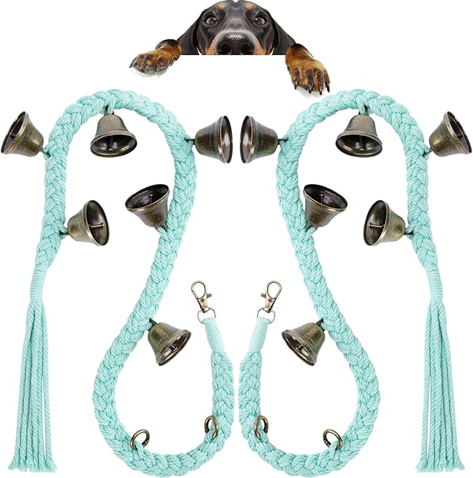 2 Pack Dog Bells for Door Potty Training, Handwoven Cotton Rope Dog Doorbell with 6 Extra Loud Bells, Adjustable Dog Door Bells for Small Medium Large Dogs to Ring to Go Outside, LightGreen