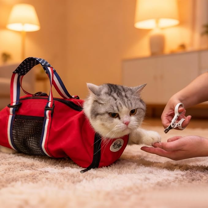Cinf Cat Nail Clipping Cleaning Grooming Restraint Bag （Free Muzzle） No Scratching Biting for Bathing Nail Trimming Injecting Examining((Red USA Flag,M)