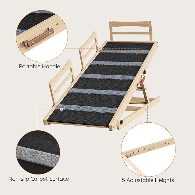HOOBRO Dog Ramp for Bed, 47.2" Long Foldable Pet Ramp with Non-Slip Mat and Side Rails, Wooden Dog Ramp for High Beds, Couch and Car, 5 Height Adjustable from 15.6" to 25.2", Natural, NB42PT03