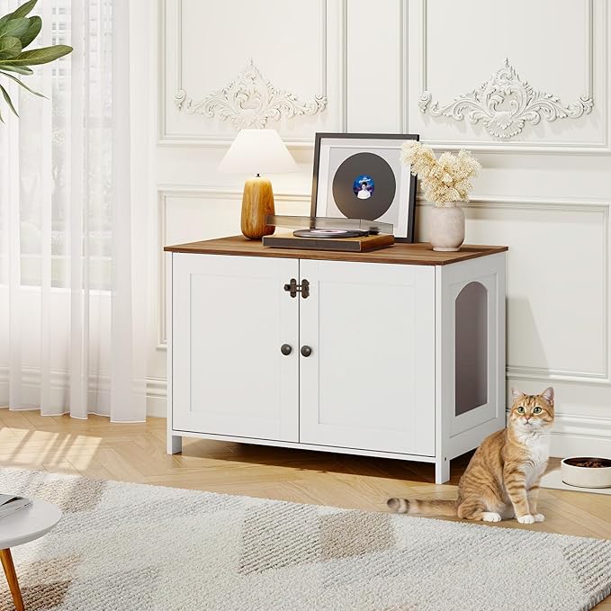 HOOBRO Litter Box Enclosure, Cat Litter Box Furniture with Removable Divider, Hidden Litter Box Furniture, Wooden Cat House, End Side Table, 31" L x 17.5" W x 19.7" H, White and Walnut WH03MW01G2
