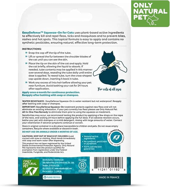 Only Natural Pet Flea and Tick Prevention for Cats - EasyDefense Remedy for Your Pets - Natural Care Control Squeeze-On Drops - Tick and Flea Protection - Three Months Supply (Single)