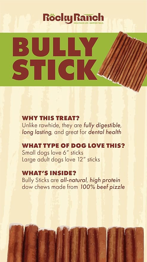 Rocky Ranch, 12" Dog Bully Sticks, Beef Flavor, 5.68 oz, Adult Dog, Natural Chew Treats, Dental Care, High Protein, 4 Count. No Additives