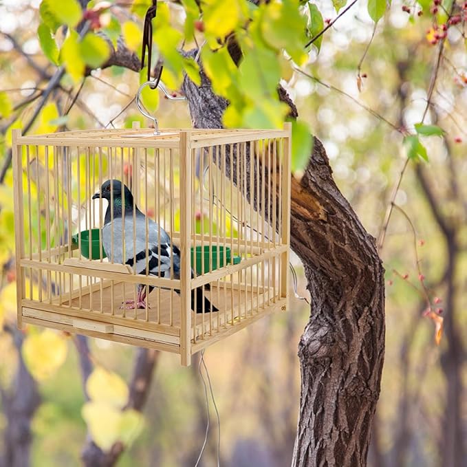 Happyyami Bamboo Bird Cage Small Square Parakeet Cage with Hanging Hook Indoor Outdoor Bird Keeping for Budgie Lovebird Cockatiel