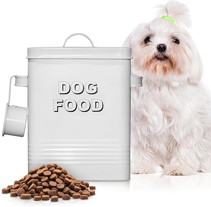 Plexon Metal Dog Food Storage Container with Scoop - Small Dog Food Container Holder Treat Jar Bin with Lid - Pet Chow Storage Canister Tin,1.5 Gallon, 7 lbs, White