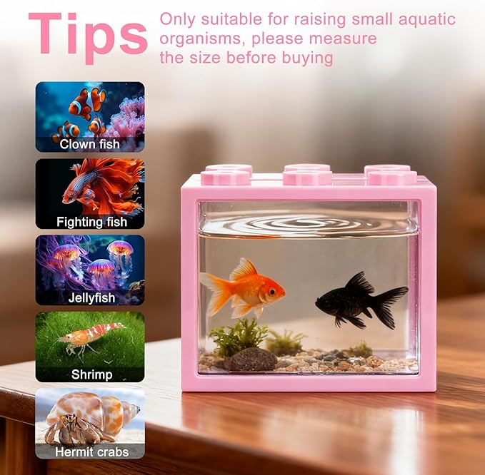 JIABEIUS 2 PCS Small Betta Fish Tank, 0.6 Gallon Mini Aquarium Tank, Pink Cube Fish Bowl, Desktop Stackable Tank for Small Fish, Insect, Shrimp, Turtle, Spider