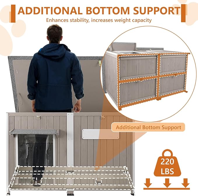 55"L Dog House Outdoor Large Breed Extra XL Wooden Dog House with Weatherproof Asphalt Roof, All-Around Iron Frame, Removable Floor, Openable Top Roof, Air Vents Window for Medium to Large Dogs