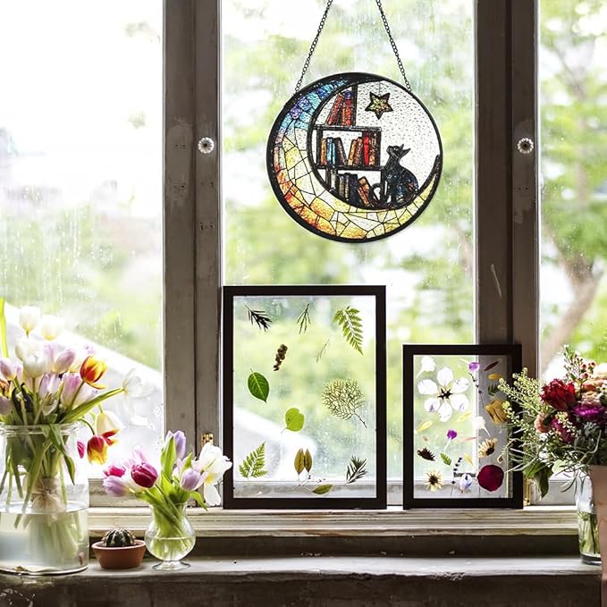 Cat Suncatcher - Sun Catchers Indoor Window, Celestial Stained Glass Window Hanging Decor with Star & Bookshelf Design, Pet Memorial Gift for Cat Lovers, Grieving Pet Owners, or Gothic Home Aesthetic