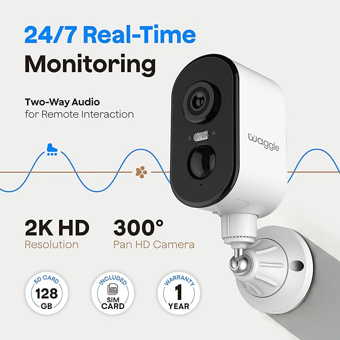 Waggle 4G LTE Cellular Security Camera, 2K HD Pet Monitor, No WiFi, 9000mAh Battery, Night Vision, 2-Way Talk & Siren Alarm, Dog Monitor for RVs/Camping/Travel & Indoor/Outdoor - Subscription Required