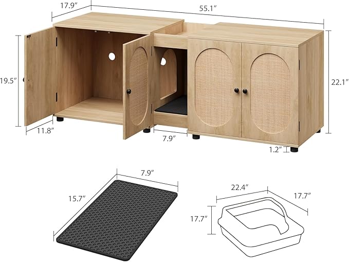 GarveeHome Large Cat Litter Box Enclosure Furniture, 55.1" Double Litter Cabinet for Two Cats with Hidden Design, Rattan Door Cat Box House with Storage, Wood, Rattan Door