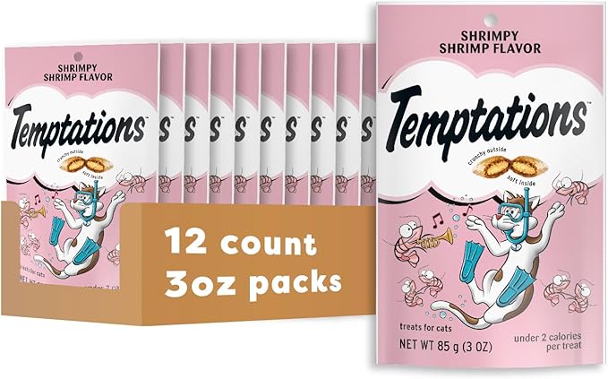 Temptations Cat Treats, Classic Crunchy and Soft Cat Treats, Shrimpy Shrimp Flavor, 3 oz. Pouch (Pack of 12)