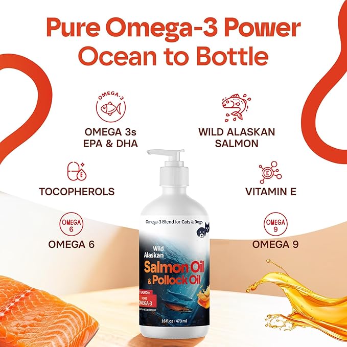 Wild Alaskan Omega 3 Salmon Oil for Dogs - Fish Oil for Dogs Natural Liquid - Must-Have Cat & Dog Essentials for Health - Cat and Dog Supplies Supports Skin & Coat - 16 Fl. Oz