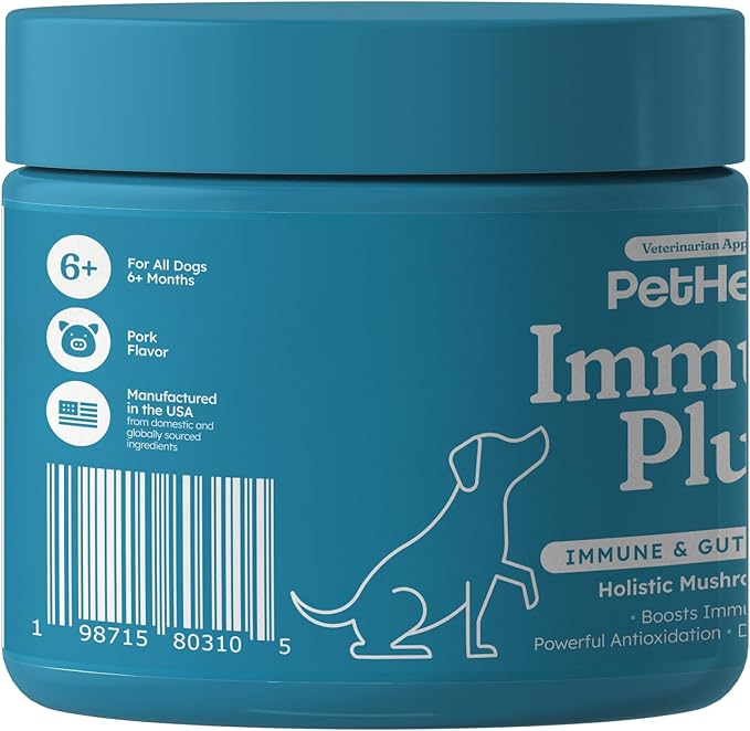 PetHeal Immune Plus Chews for Dogs - Vet-Reviewed - Supports Immunity, Energy & Liver Health with Turkey Tail, Reishi & Milk Thistle | Reduces Lumps & Promotes Shiny Coat | 30 Pork-Flavored Soft Chews