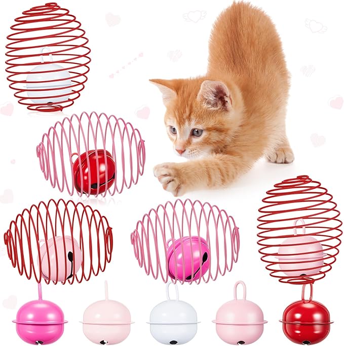 Jecery 5 Pcs Cat Spring Balls Toys Stretchable Rolling Balls Colorful Playful Coils Interactive Action Toy Caged Rats for Kitten Pet Supplies (Bell,Pink Red)