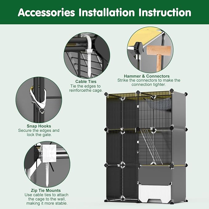 3-Tier Cat Cage, Indoor Cat Enclosures with Litter Box Hammock Ladders, DIY Cat Playpen Detachable Metal Wire Kennels Kitten Crate Cats House Large Exercise Place for 1-2 Cats/Kitten, 28"x14"x42"