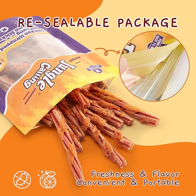 Jungle Calling Beef Collagen Sticks, Long Lasting Dog Chews, Chicken Wrapped Treats, Rawhide Alternative for Small Medium Large Dogs, Dental Health, Beef Lung Flavored Bones,14.1 oz, About 22 Sticks