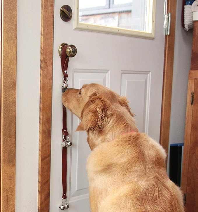 Leather Dog Doorbells for Door Knob, Adjustable Brass Potty Training Bells for Puppy to Go Outside, Easy Dog Door Bell for Potty Training