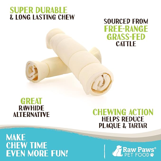 Raw Paws Beef Cheek Rolls for Dogs Large - 10 inch (4 Pack) - Packed in USA - Free-Range, Rawhide Alternative Dog Chews - Retriever Rolls - Beef Cheeks for Dogs