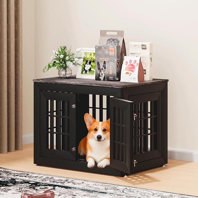 32" Heavy Duty Dog Crate Furniture for Small,Medium and Large Dogs,Rustic Wooden Dog Cage Kennel Indoor Furniture with Waterproof Top,Decorative Pet House Side End Table (Black & Grey)