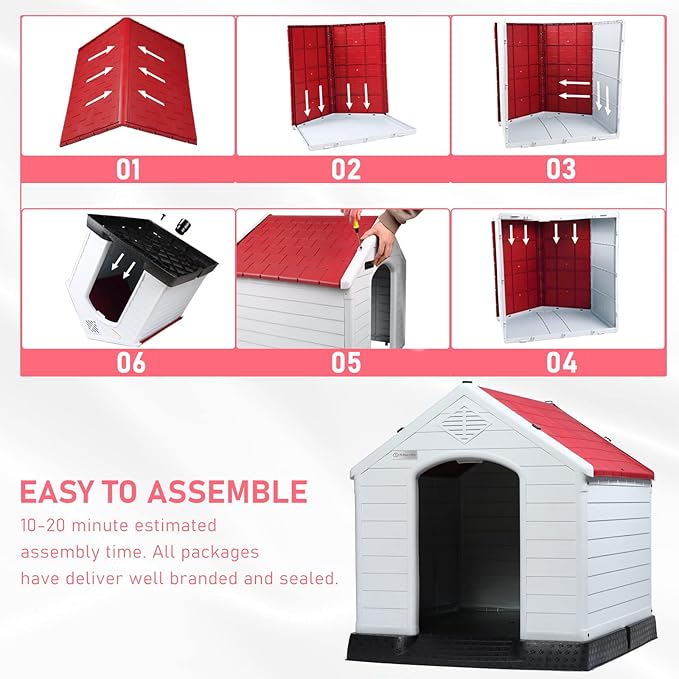 LEMBERI Durable Waterproof Plastic Dog House for Small to Large Sized Dogs, Indoor Outdoor Doghouse Insulated Puppy Shelter with Elevated Floor, Easy to Assemble (Red, 42''L*38''W*39''H)