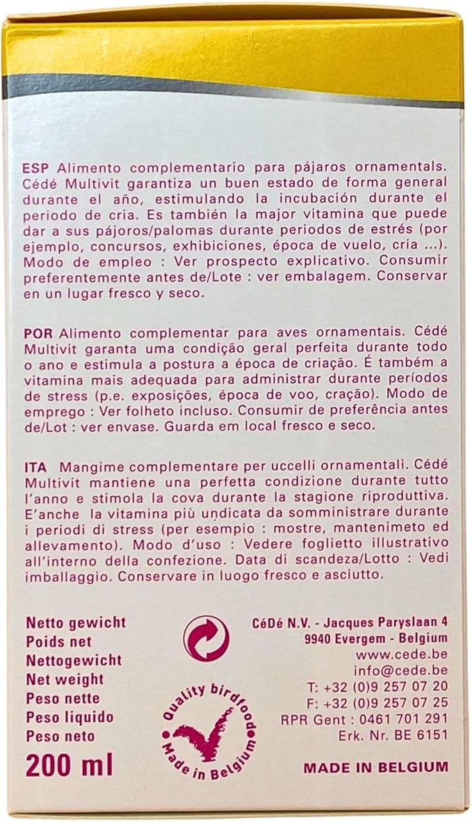 CéDé Multivit 200ml – Vitamin Supplement for Ornamental Birds, Singing and Moulting, Healthy and Shiny Plumage, Ideal for Canaries, Finches, Parrots, Essential Vitamins & Nutrients for Optimal Health