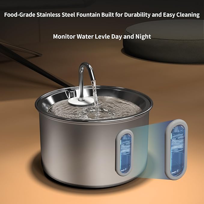 Stainless Steel Cat Water Fountain, Corded 3L/101oz Pet Water Fountain, Dog Waterer with Quiet Pump and 4-Layer Filtration for Cats and Dogs