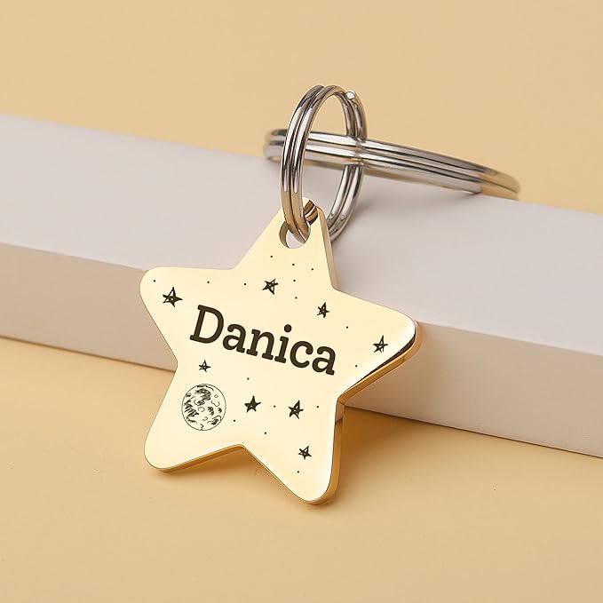 Anavia Small Size Dog Cat ID Tags, Small/XS Personalized Color Plated Stainless Steel Puppy Kitten Name Tags, Customized Engraved Nameplate Pet Collar Tag (Black, Star)